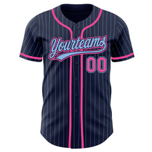 Load image into Gallery viewer, Custom Navy Light Blue Pinstripe Pink Authentic Baseball Jersey
