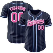 Load image into Gallery viewer, Custom Navy White Pinstripe Pink Authentic Baseball Jersey
