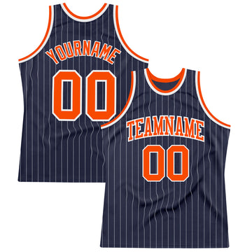 Custom Navy White Pinstripe Orange Authentic Basketball Jersey