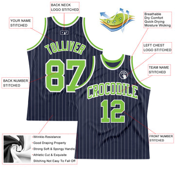 Custom Navy White Pinstripe Neon Green Authentic Basketball Jersey