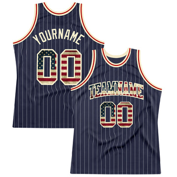 Custom Navy White Pinstripe Vintage USA Flag Cream-Red Authentic Basketball Jersey