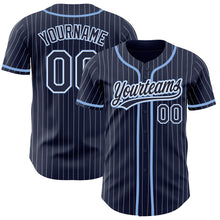 Load image into Gallery viewer, Custom Navy White Pinstripe Light Blue Authentic Baseball Jersey
