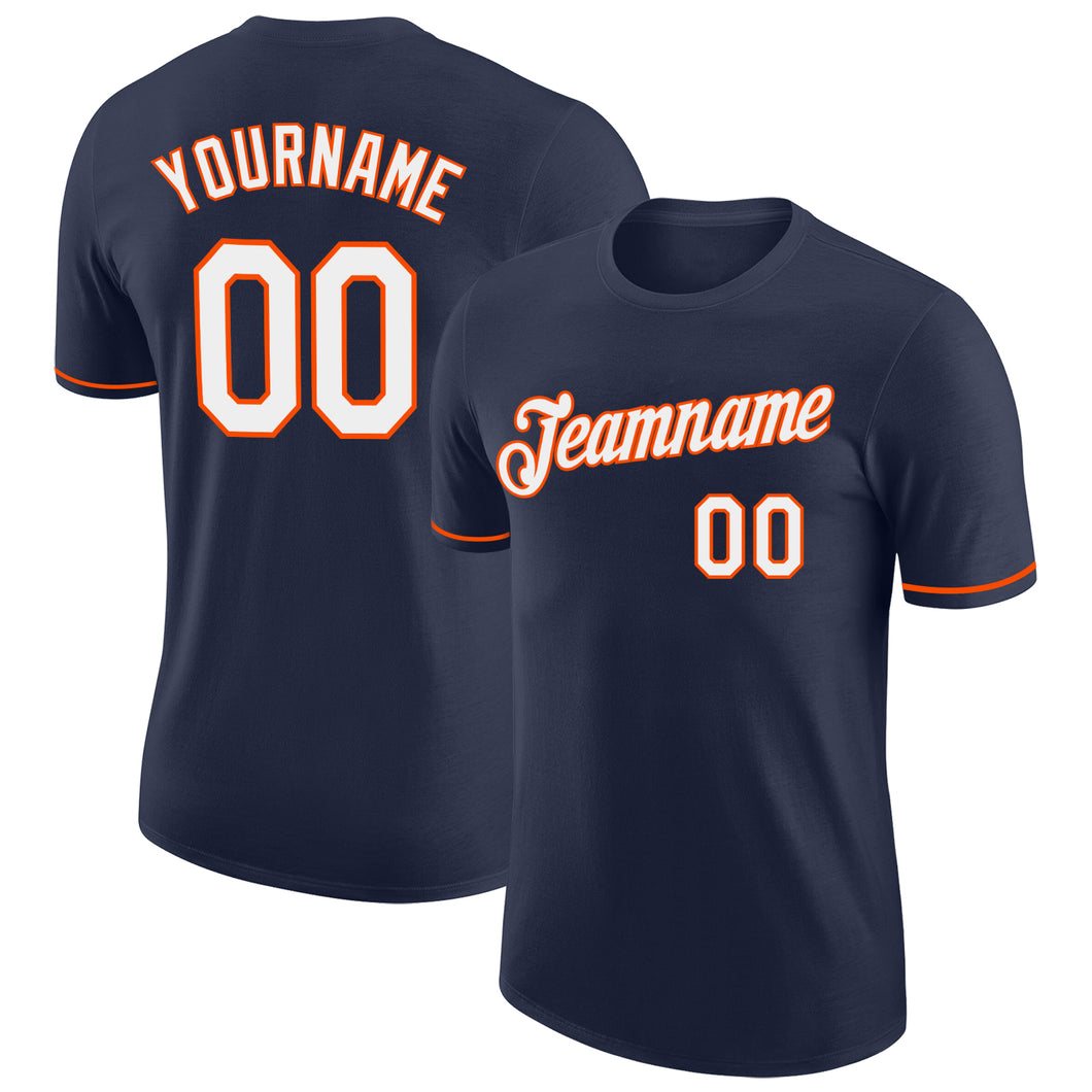 Custom Navy White-Orange Performance T-Shirt