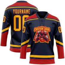 Load image into Gallery viewer, Custom Navy Gold-Red Hockey Lace Neck Jersey
