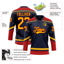 Load image into Gallery viewer, Custom Navy Gold-Red Hockey Lace Neck Jersey
