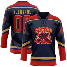 Load image into Gallery viewer, Custom Navy Red-Old Gold Hockey Lace Neck Jersey
