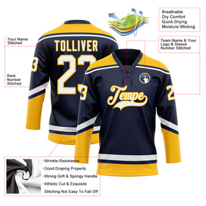 Custom Navy White-Gold Hockey Lace Neck Jersey