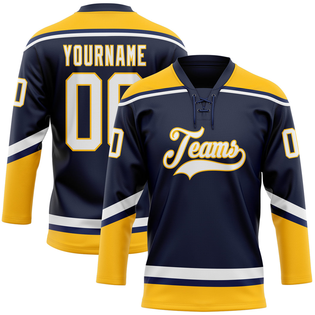 Custom Navy White-Gold Hockey Lace Neck Jersey