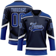 Load image into Gallery viewer, Custom Navy Royal-White Hockey Lace Neck Jersey
