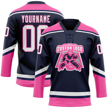 Custom Navy White-Pink Hockey Lace Neck Jersey