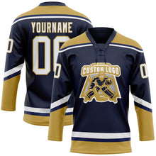 Load image into Gallery viewer, Custom Navy White-Old Gold Hockey Lace Neck Jersey
