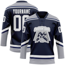 Load image into Gallery viewer, Custom Navy White-Gray Hockey Lace Neck Jersey
