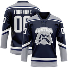 Load image into Gallery viewer, Custom Navy White-Gray Hockey Lace Neck Jersey
