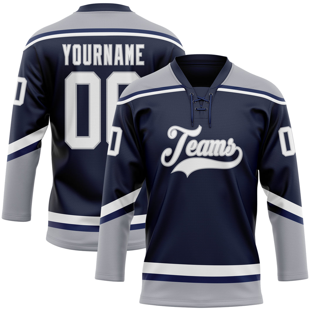 Custom Navy White-Gray Hockey Lace Neck Jersey