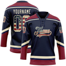 Load image into Gallery viewer, Custom Navy Vintage USA Flag Crimson-Cream Hockey Lace Neck Jersey
