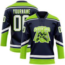 Load image into Gallery viewer, Custom Navy White-Neon Green Hockey Lace Neck Jersey
