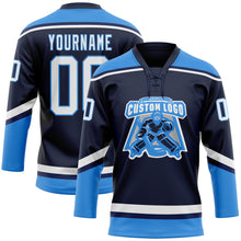Load image into Gallery viewer, Custom Navy White-Powder Blue Hockey Lace Neck Jersey
