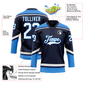 Custom Navy White-Electric Blue Hockey Lace Neck Jersey