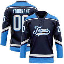 Load image into Gallery viewer, Custom Navy White-Electric Blue Hockey Lace Neck Jersey
