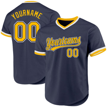 Custom Navy Gold-White Authentic Throwback Baseball Jersey