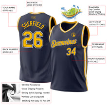 Load image into Gallery viewer, Custom Navy Gold-White Authentic Throwback Basketball Jersey
