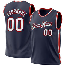 Load image into Gallery viewer, Custom Navy White-Red Authentic Throwback Basketball Jersey
