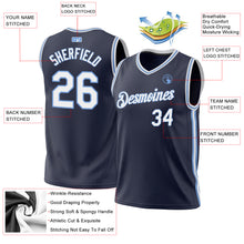 Load image into Gallery viewer, Custom Navy White-Light Blue Authentic Throwback Basketball Jersey
