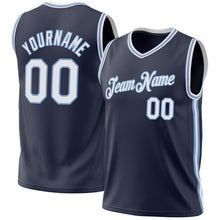 Load image into Gallery viewer, Custom Navy White-Light Blue Authentic Throwback Basketball Jersey
