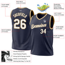 Load image into Gallery viewer, Custom Navy White-Old Gold Authentic Throwback Basketball Jersey
