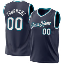 Load image into Gallery viewer, Custom Navy White-Teal Authentic Throwback Basketball Jersey
