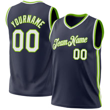 Load image into Gallery viewer, Custom Navy White-Neon Green Authentic Throwback Basketball Jersey
