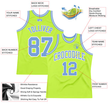 Custom Neon Green Light Blue-White Authentic Throwback Basketball Jersey