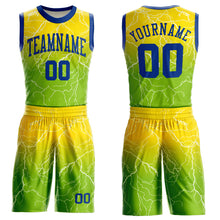 Load image into Gallery viewer, Custom Neon Green Royal-Gold Round Neck Sublimation Basketball Suit Jersey
