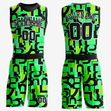 Custom Neon Green Black-White Music Festival Round Neck Sublimation Basketball Suit Jersey