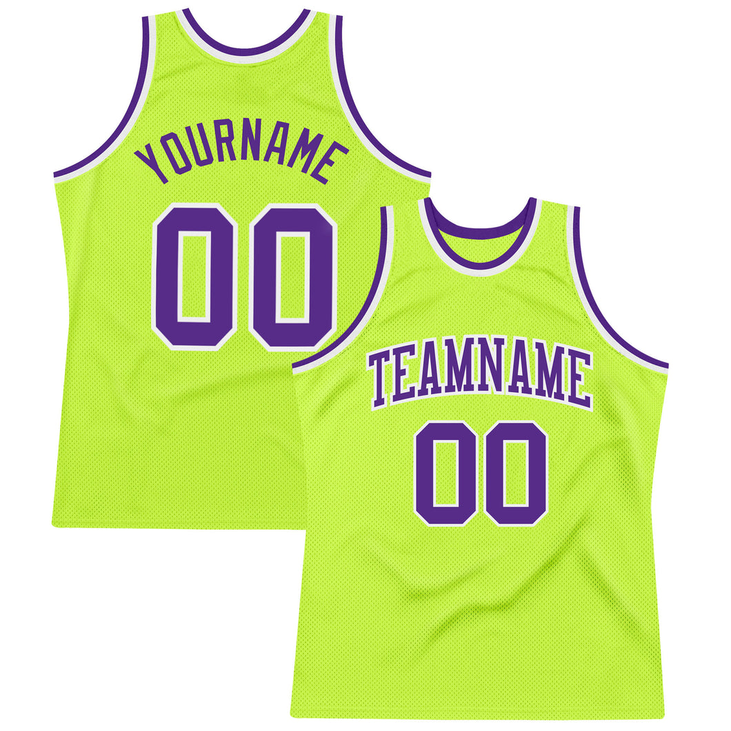 Custom Neon Green Purple-White Authentic Throwback Basketball Jersey