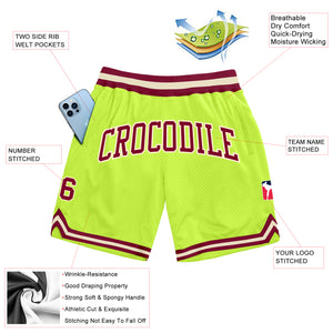 Custom Neon Green Maroon-Cream Authentic Throwback Basketball Shorts