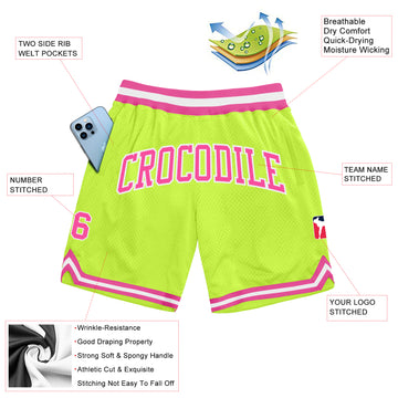 Custom Neon Green Pink-White Authentic Throwback Basketball Shorts