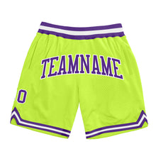 Load image into Gallery viewer, Custom Neon Green Purple-White Authentic Throwback Basketball Shorts
