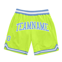 Load image into Gallery viewer, Custom Neon Green Light Blue-White Authentic Throwback Basketball Shorts
