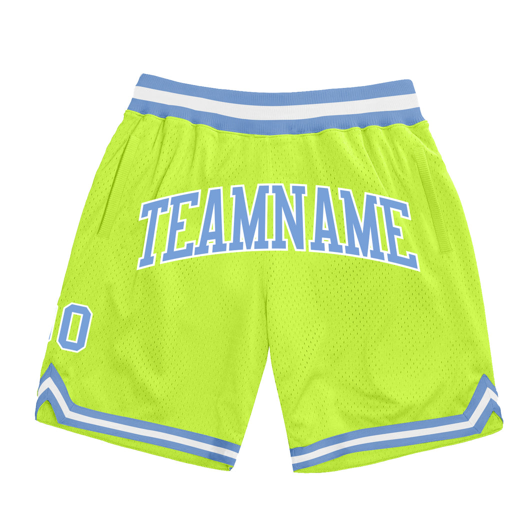Custom Neon Green Light Blue-White Authentic Throwback Basketball Shorts