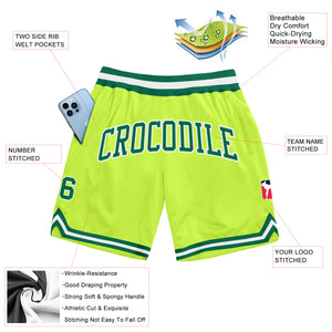 Custom Neon Green Kelly Green-White Authentic Throwback Basketball Shorts