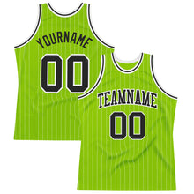 Load image into Gallery viewer, Custom Neon Green White Pinstripe Black-White Authentic Basketball Jersey
