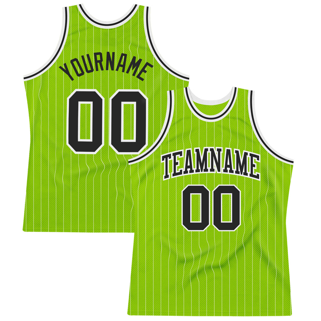 Custom Neon Green White Pinstripe Black-White Authentic Basketball Jersey
