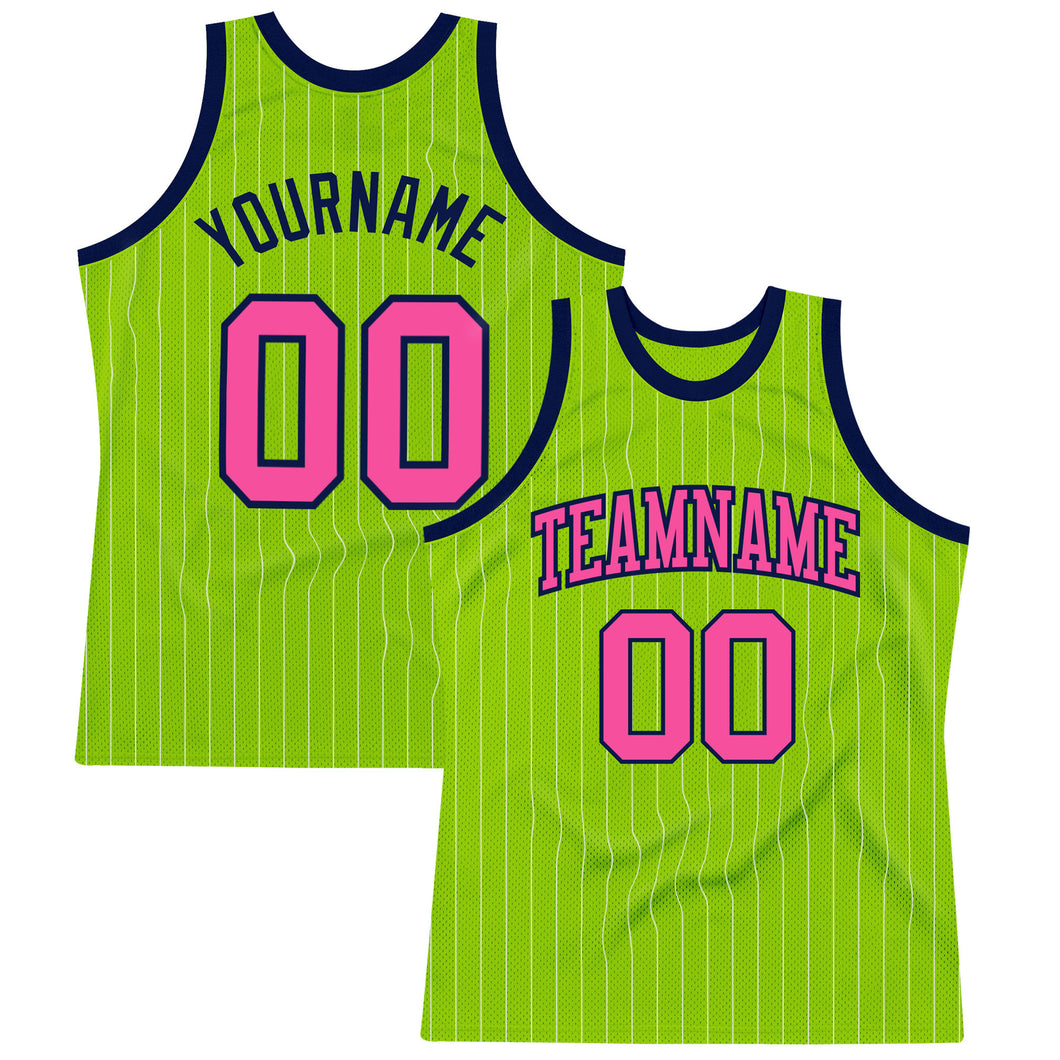 Custom Neon Green White Pinstripe Pink-Navy Authentic Basketball Jersey