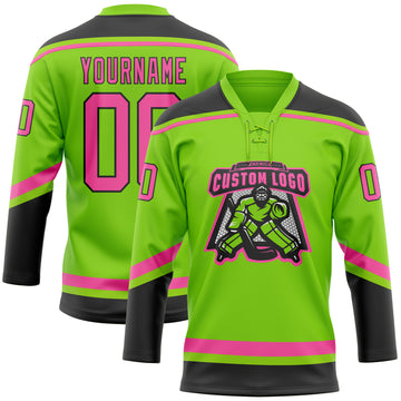 Custom Neon Green Pink-Black Hockey Lace Neck Jersey