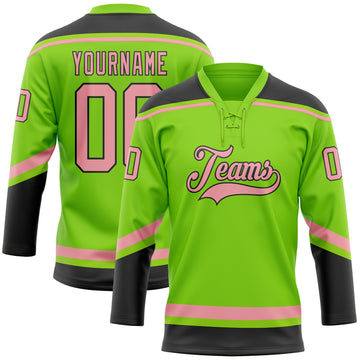 Custom Neon Green Medium Pink-Black Hockey Lace Neck Jersey