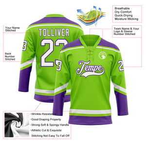 Custom Neon Green White-Purple Hockey Lace Neck Jersey