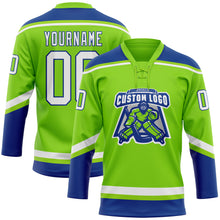 Load image into Gallery viewer, Custom Neon Green White-Royal Hockey Lace Neck Jersey

