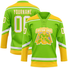 Load image into Gallery viewer, Custom Neon Green White-Yellow Hockey Lace Neck Jersey
