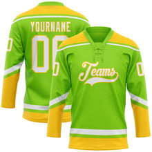 Load image into Gallery viewer, Custom Neon Green White-Yellow Hockey Lace Neck Jersey
